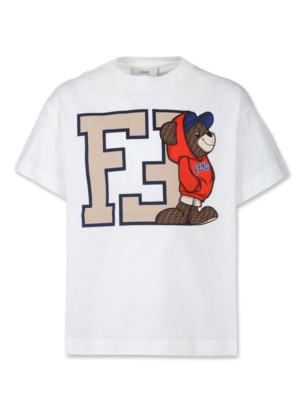 T-shirt per bambino Fendi Kids bianca con stampa FF ed orso in felpa - Rubino Kids