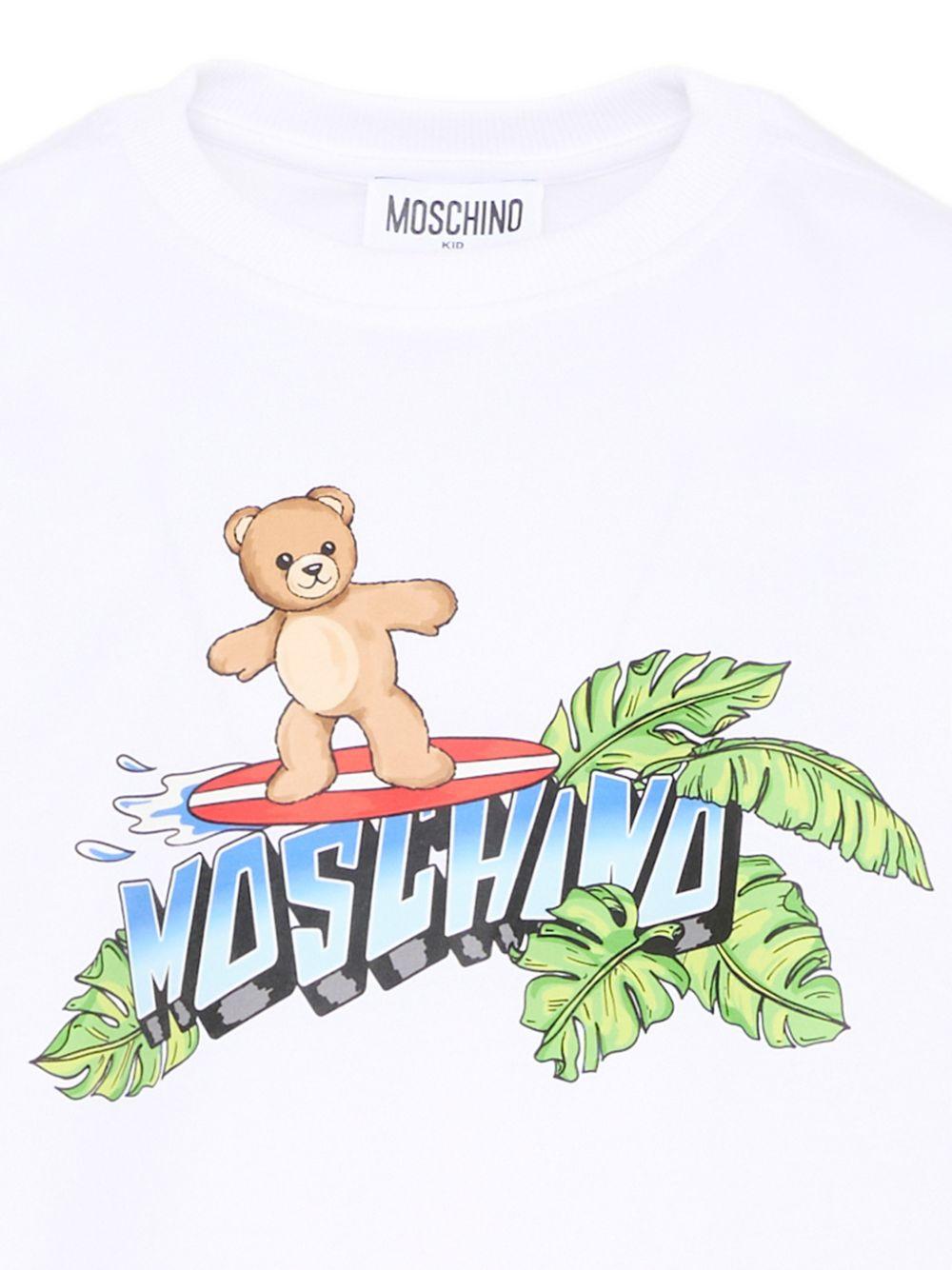 T-shirt per bambino Moschino Kids bianca con stampa logo sul davanti - Rubino Kids