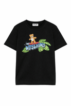 T-shirt per bambino Moschino Kids nera con stampa grafica sul davanti - Rubino Kids