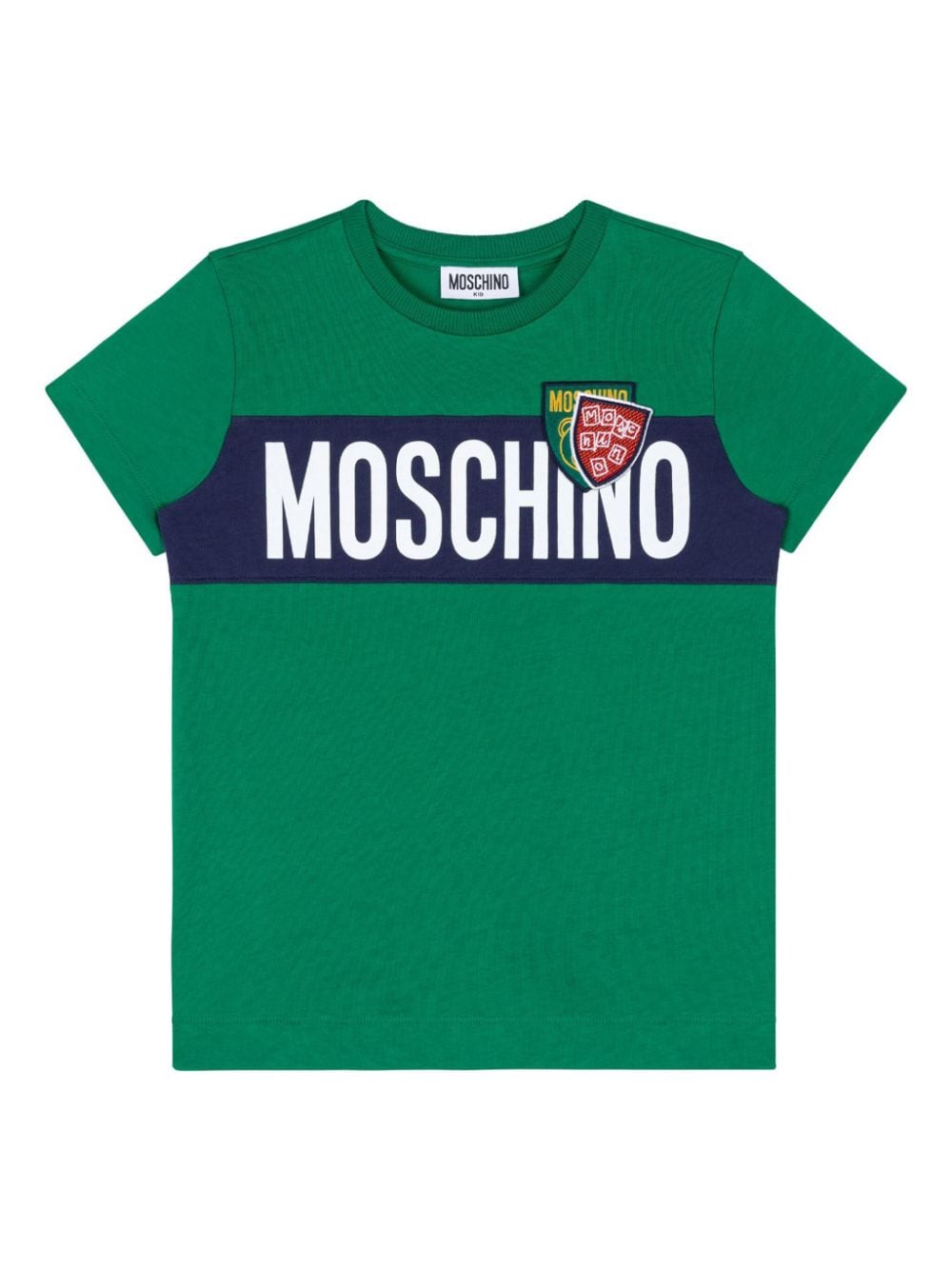 T-shirt per bambino Moschino Kids verde con stampa logo e scudetti - Rubino Kids