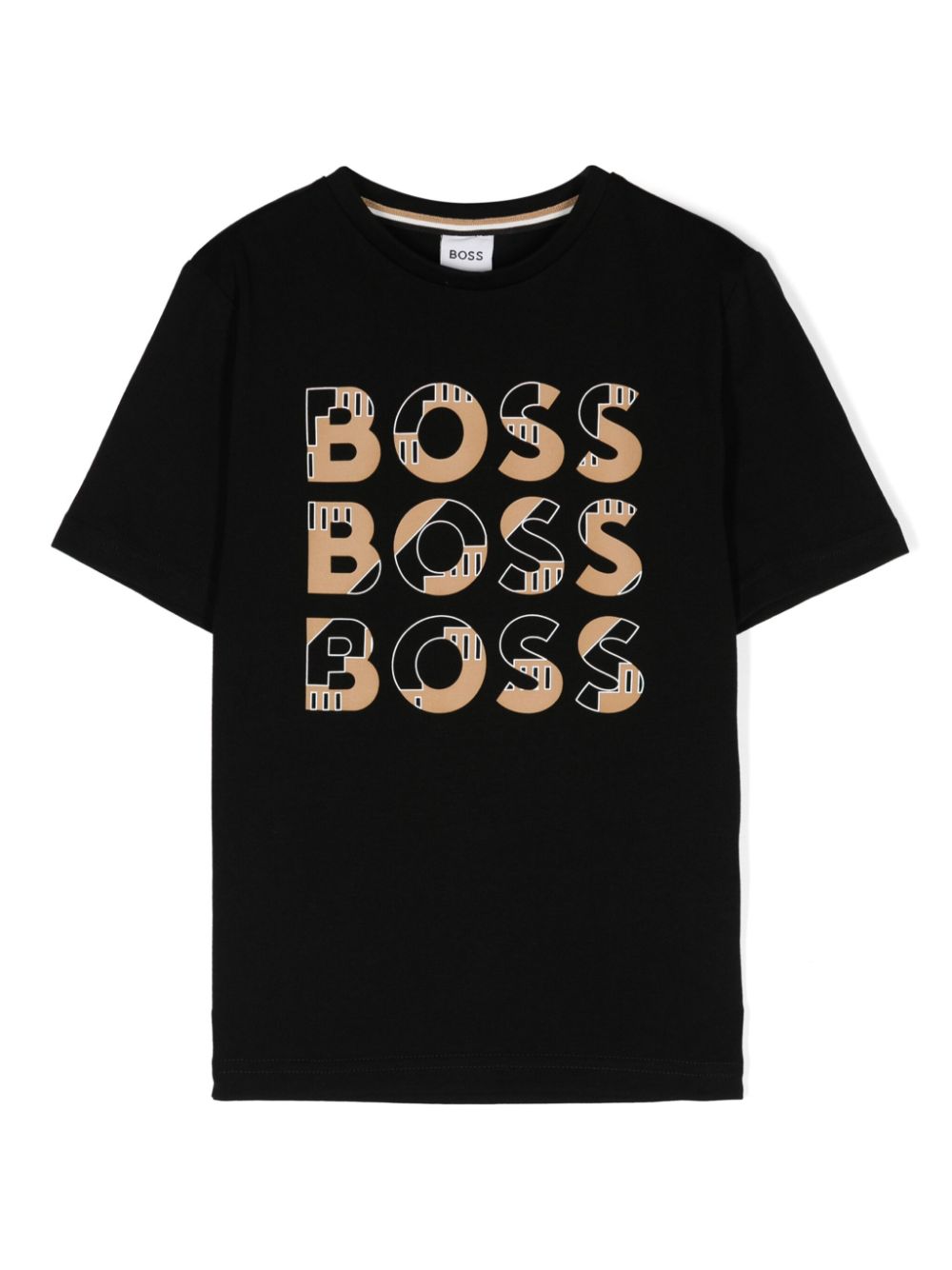 T shirt per bambino nera con stampa Boss Kids a contrasto marrone - Rubino Kids