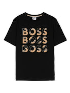 T shirt per bambino nera con stampa Boss Kids a contrasto marrone - Rubino Kids