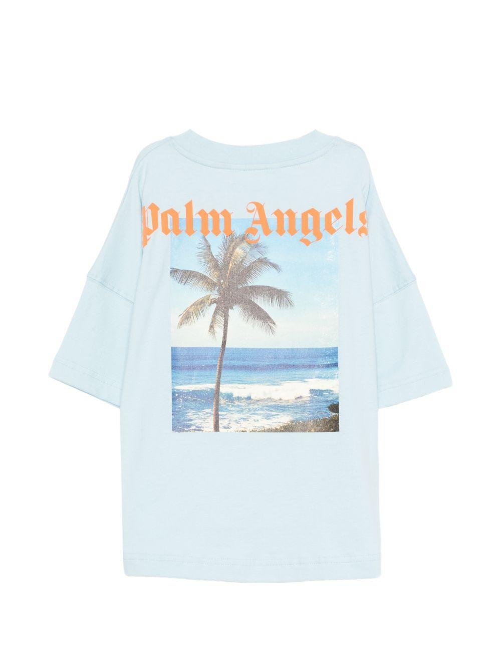 T-shirt per bambino Palm Angels Kids azzurra con stampa grafica sul retro - Rubino Kids