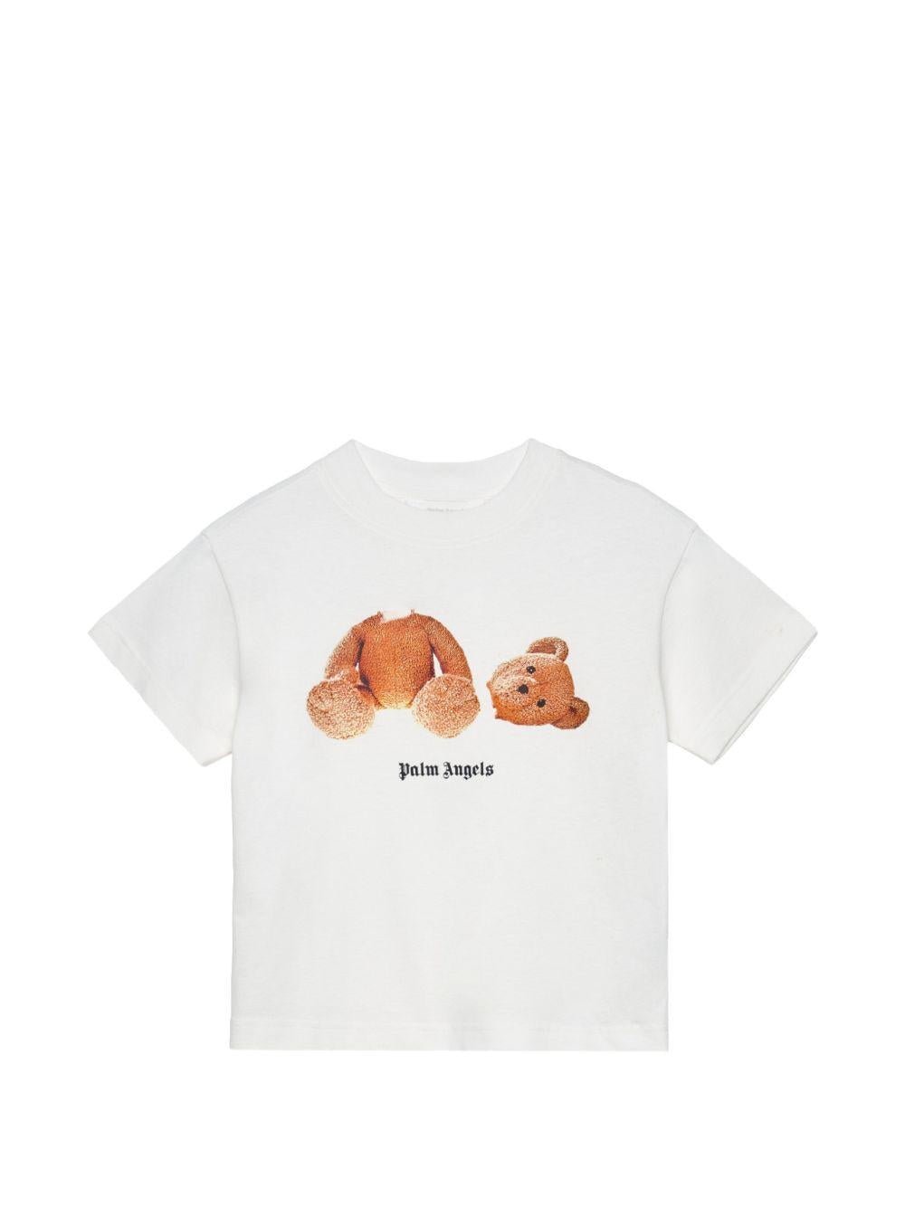 T-shirt per bambino Palm Angels Kids bianca con stampa orso sul davanti - Rubino Kids