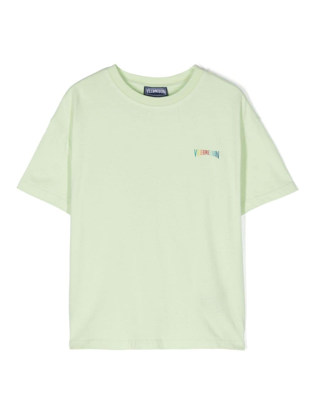 T shirt per bambino verde chartreuse con logo Vilebrequin arcobaleno sul lato e tartaruga sulla schiena - Rubino Kids