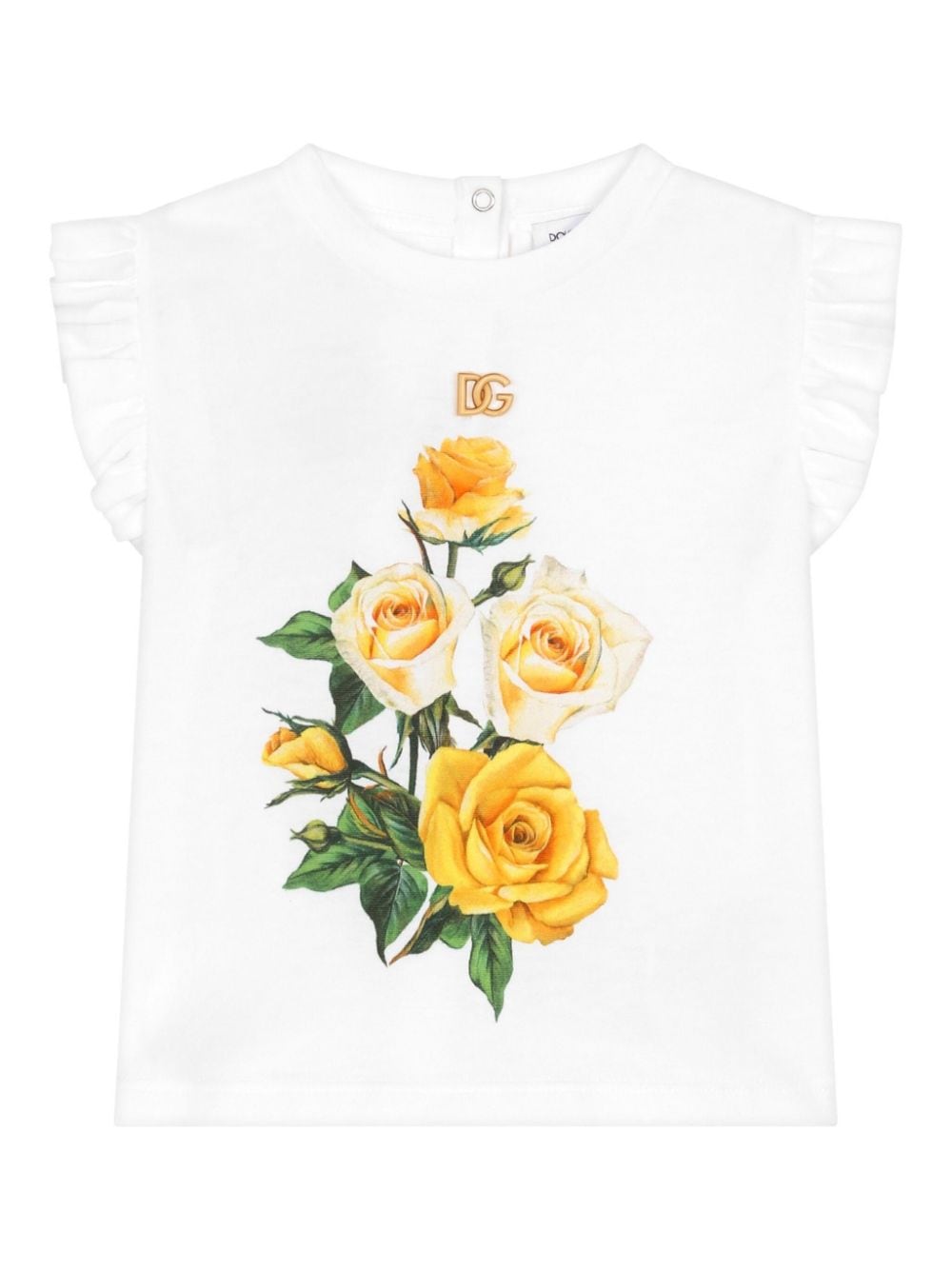 T shirt per neonata bianca Dolce & Gabbana con stampa fiori gialli centrale e logo DG - Rubino Kids