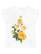 T shirt per neonata bianca Dolce & Gabbana con stampa fiori gialli centrale e logo DG - Rubino Kids