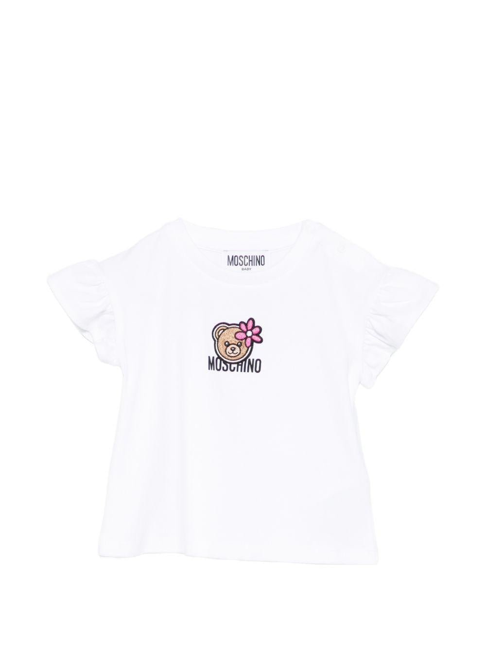 T-shirt per neonata Moschino Kids bianca con maniche a ruches - Rubino Kids