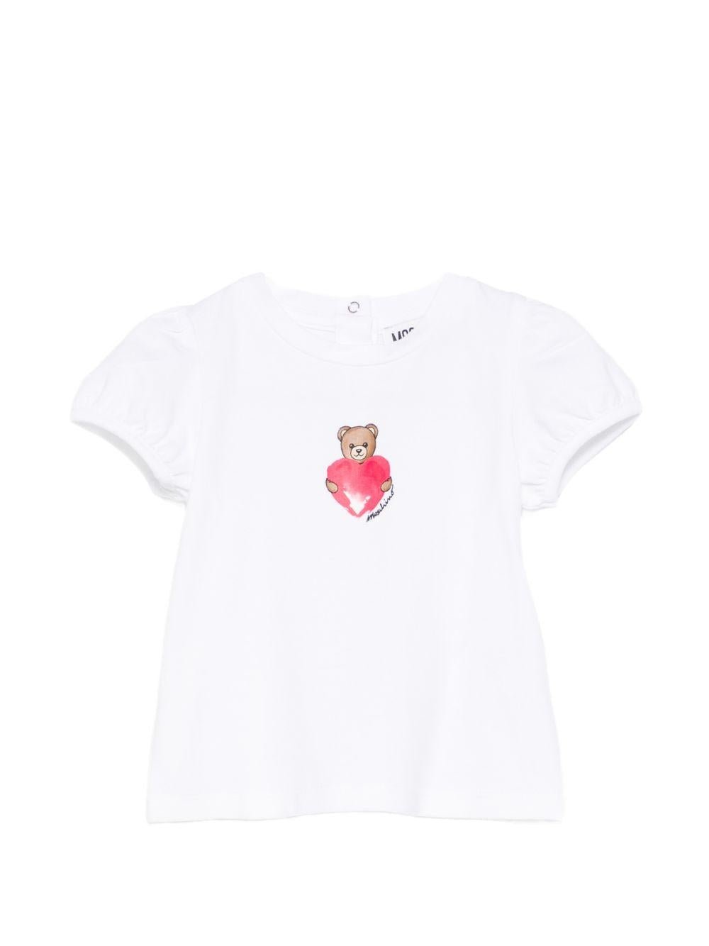 T-shirt per neonata Moschino Kids bianca con stampa Teddy Bear con cuore - Rubino Kids