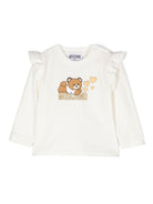 T-shirt per neonata Moschino Kids bianco con stampa Teddy Bear e ruches - Rubino Kids