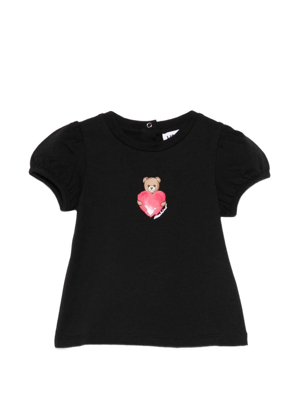T-shirt per neonata Moschino Kids nera con stampa Teddy Bear con cuore - Rubino Kids
