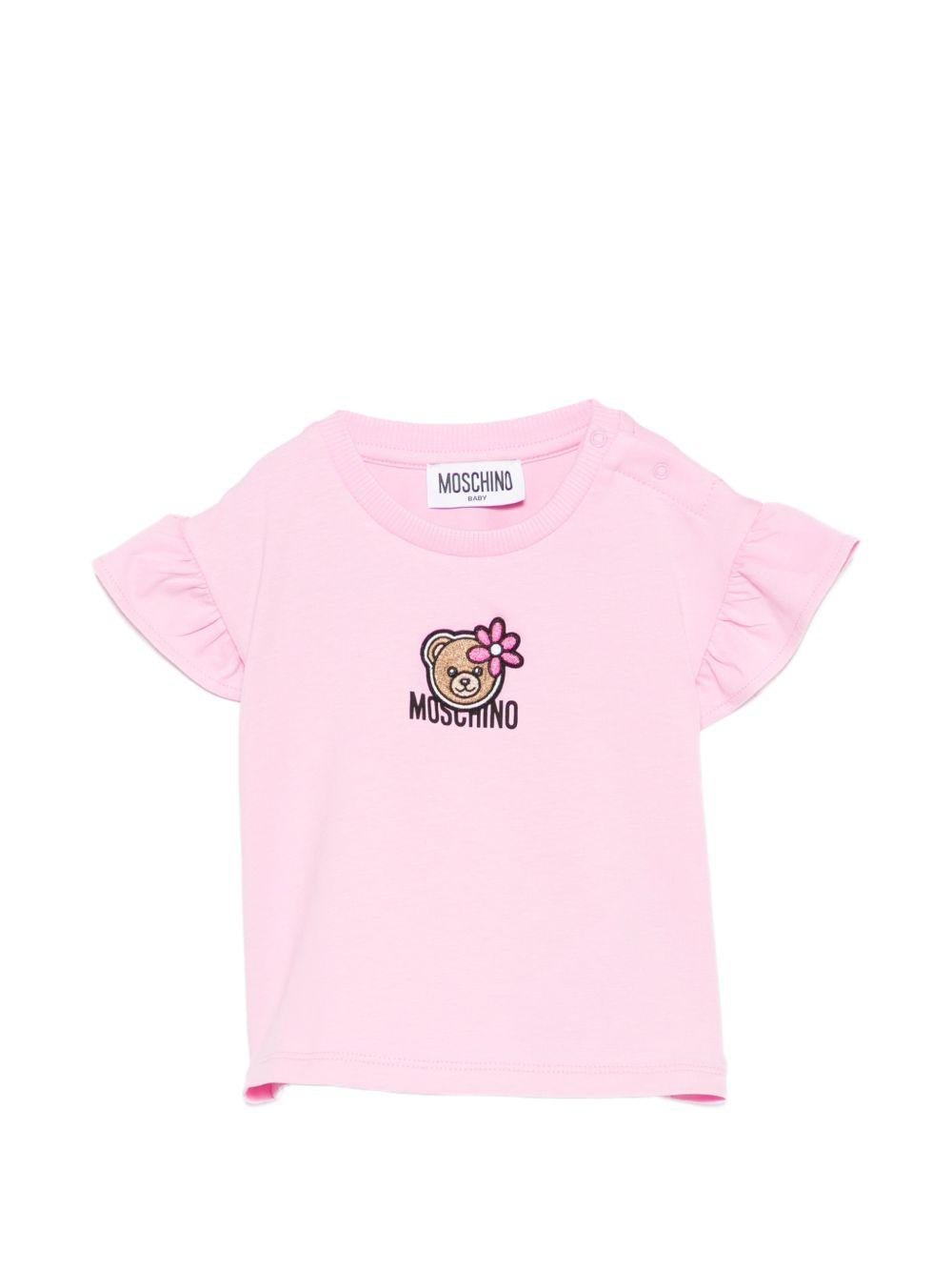 T-shirt per neonata Moschino Kids rosa con ricamo Teddy Bear - Rubino Kids