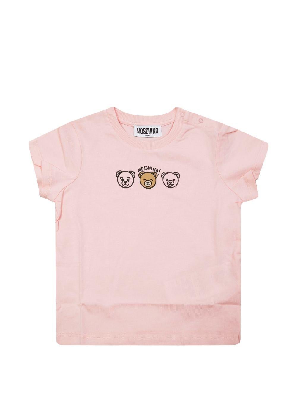 T-shirt per neonata Moschino Kids rosa con stampa tre orsetti sul davanti - Rubino Kids