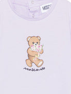 T-shirt per neonata Moschino Kids viola con stampa Teddy con mazzo di fiori - Rubino Kids