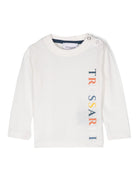 T shirt per neonati bianca con bottoncini a spalla e stampa Trussardi multicolor laterale - Rubino Kids