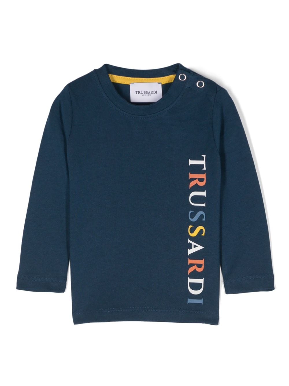 T shirt per neonati blu di Prussia con bottoncini a spalla e stampa Trussardi multicolor laterale - Rubino Kids