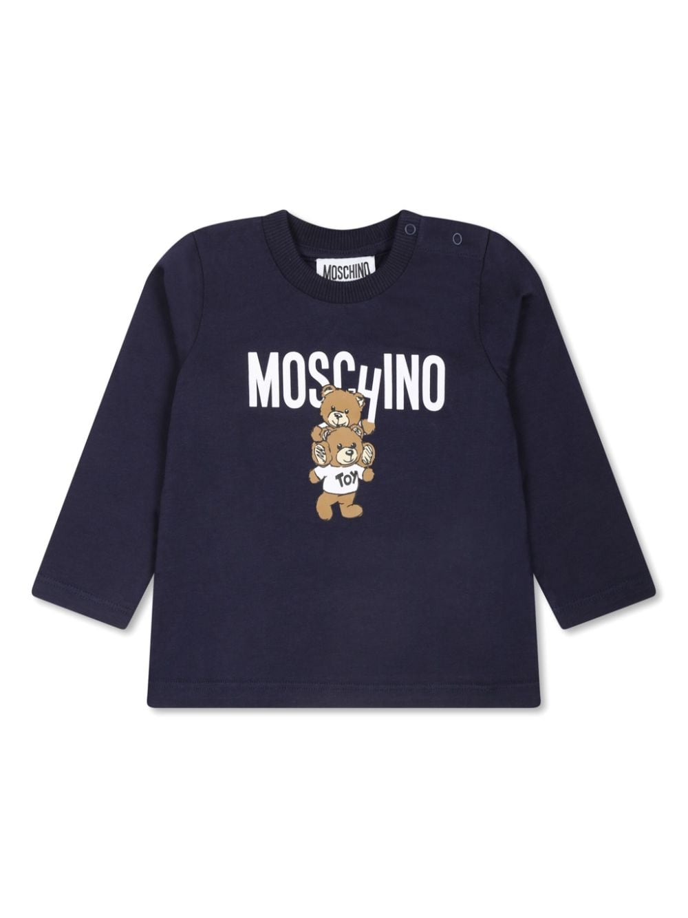 T-shirt per neonati Moschino Kids blu a maniche lunghe con stampa Teddy Bear - Rubino Kids