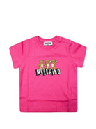 T-shirt per neonati Moschino Kids fucsia con stampa tre Teddy Bear sul davanti - Rubino Kids