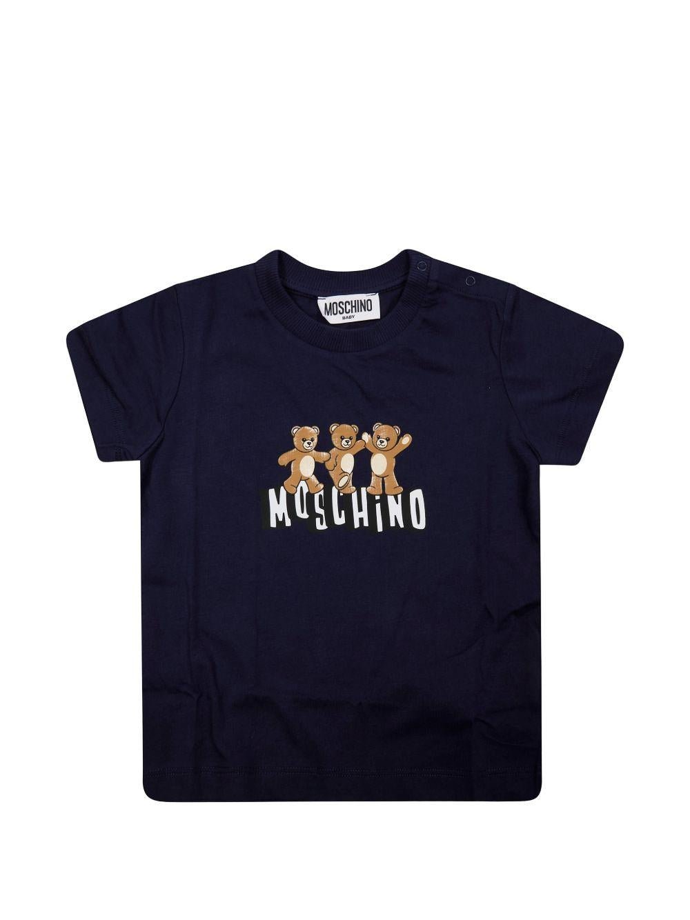 T-shirt per neonati Moschino Kids nera con stampa tre Teddy Bear sul davanti - Rubino Kids