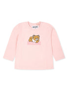 T-shirt per neonati Moschino Kids rosa a maniche lunghe con stampa logo - Rubino Kids