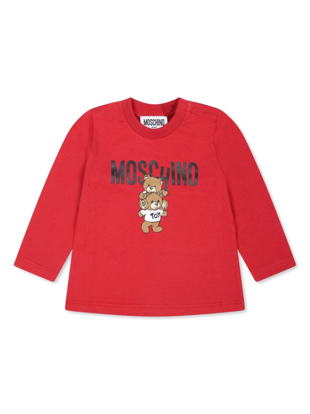 T-shirt per neonati Moschino Kids rosso a maniche lunghe con stampa Teddy Bear - Rubino Kids