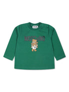 T-shirt per neonati Moschino Kids verde a maniche lunghe con stampa Teddy Bear - Rubino Kids