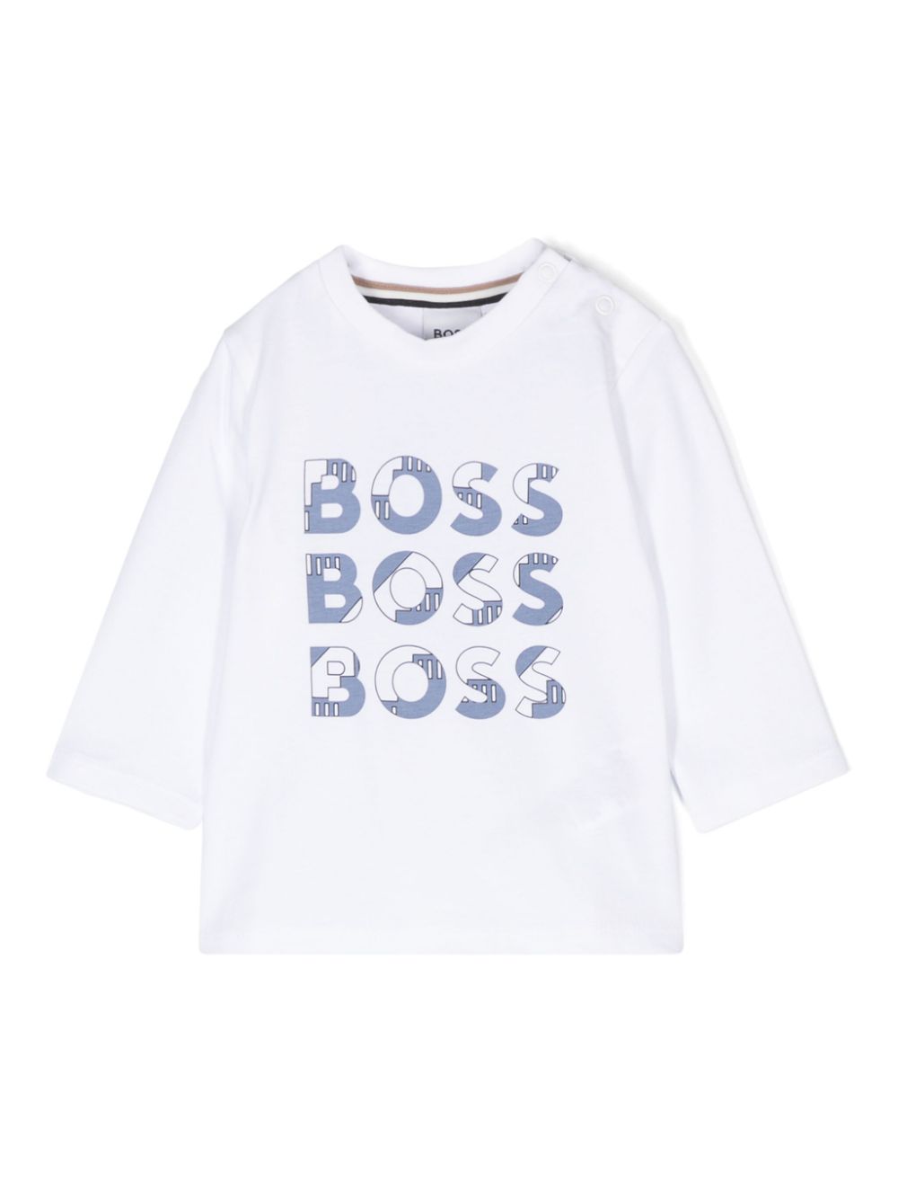 T shirt per neonato bianca con logo Boss ripetuto a trama city azzurra - Rubino Kids