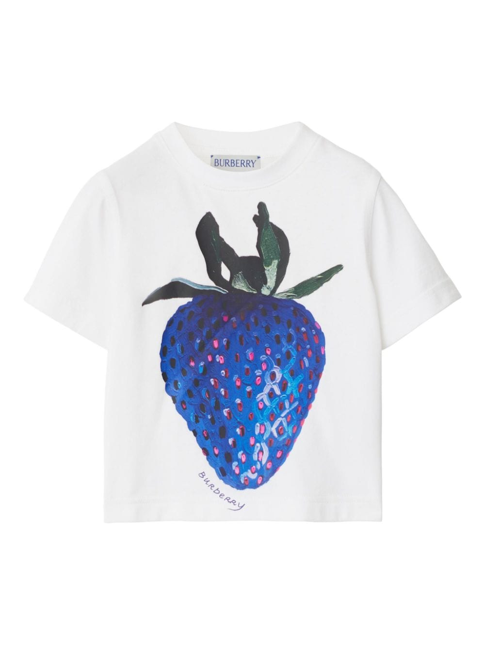 T-shirt per neonato Burberry Kids bianca con stampa artistica fragola blu - Rubino Kids