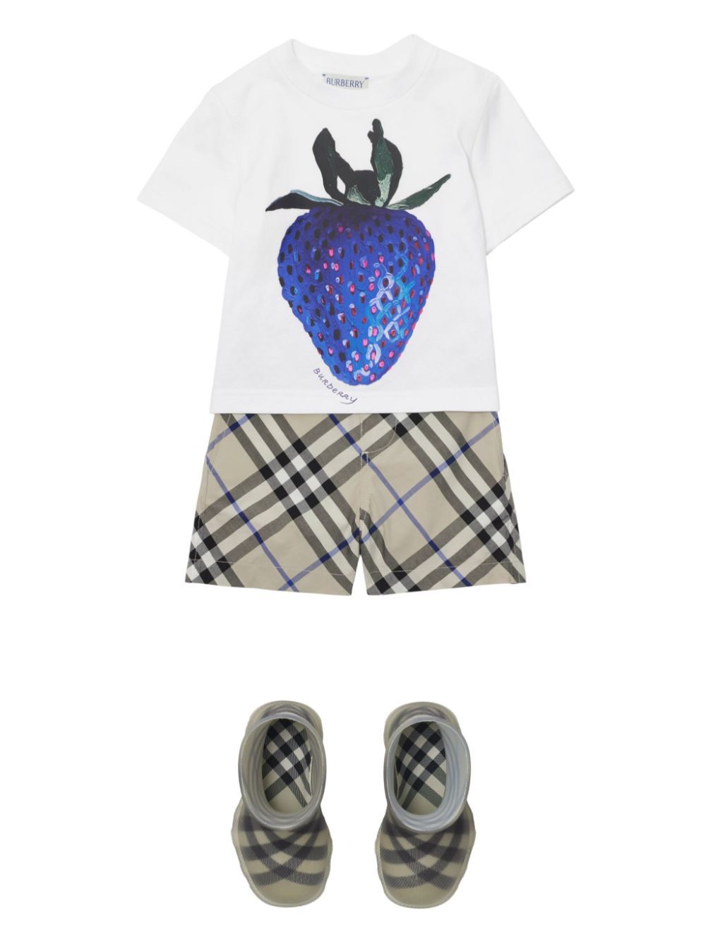 T-shirt per neonato Burberry Kids bianca con stampa artistica fragola blu - Rubino Kids