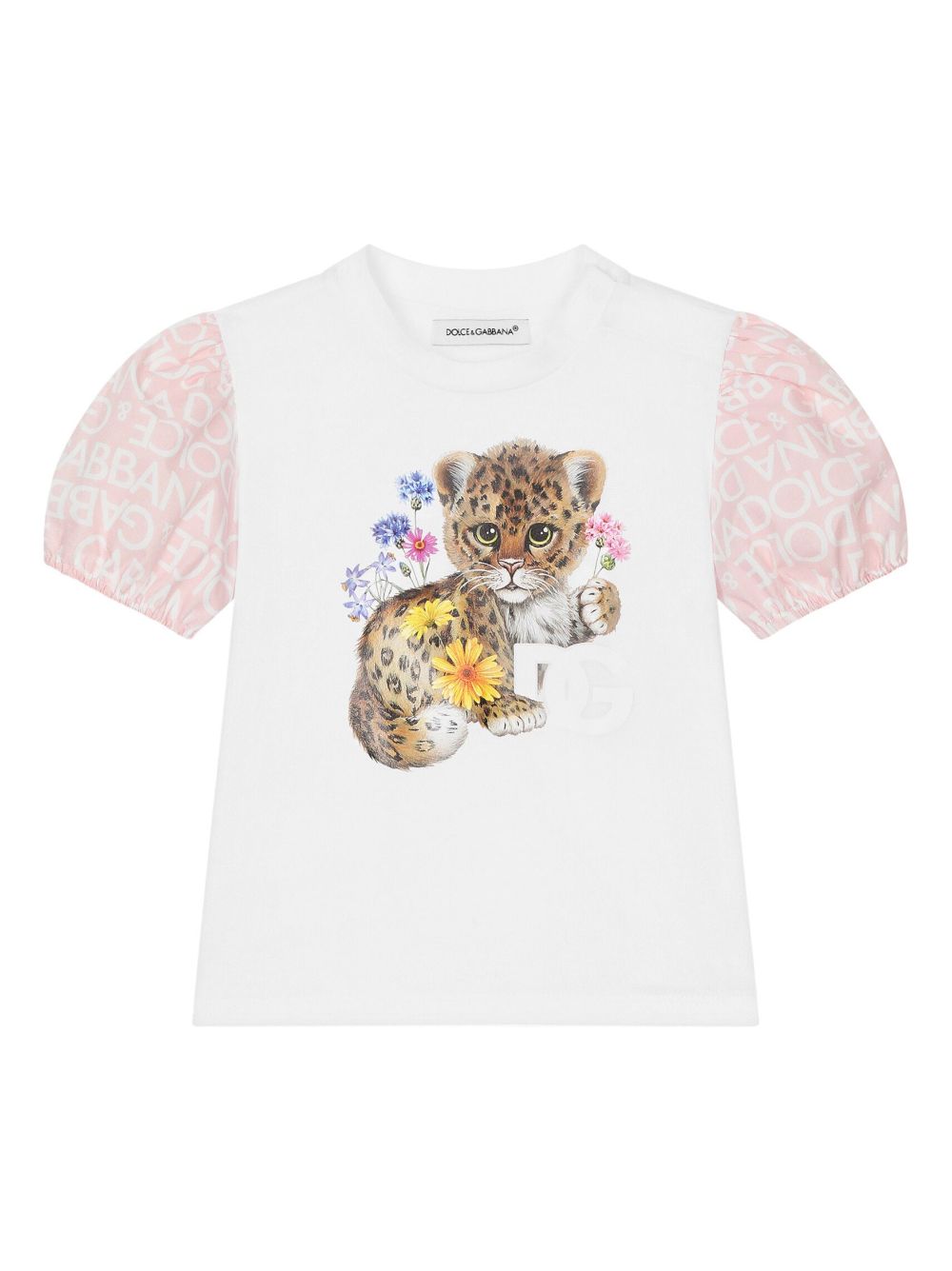 T shirt per neonato Dolce & Gabbana con maniche all - over e stampa gattino e fiori centrale - Rubino Kids