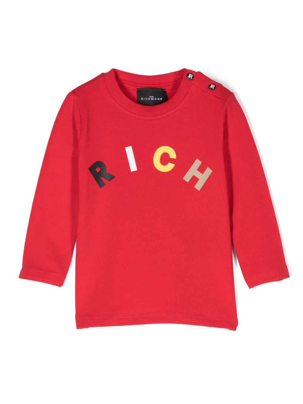 T shirt per neonato rossa John Richmond con stampa RICH multicolor centrale ad arco - Rubino Kids