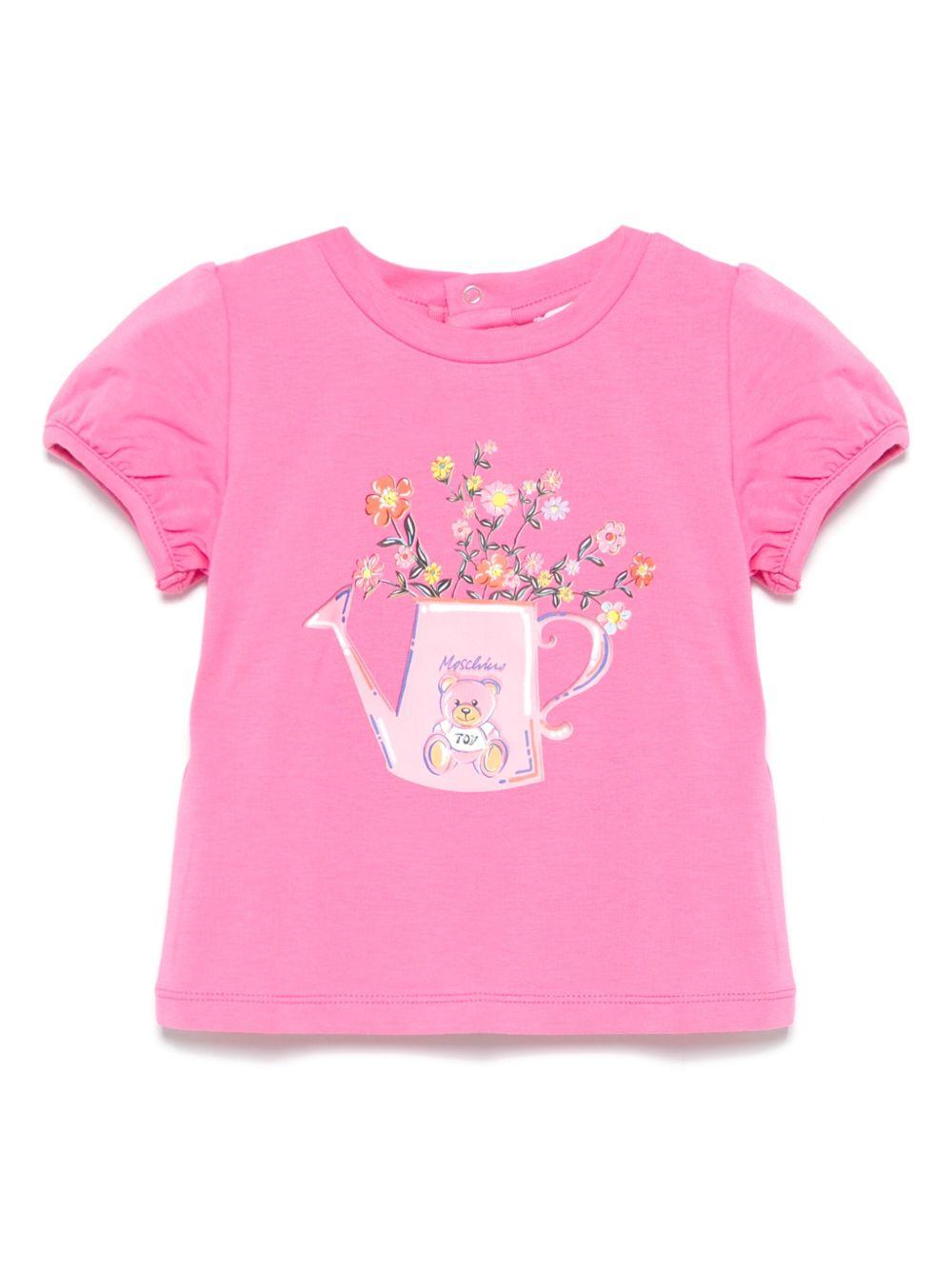T-shirt Teddy Bear per neonato Moschino Kids rosa con girocollo - Rubino Kids
