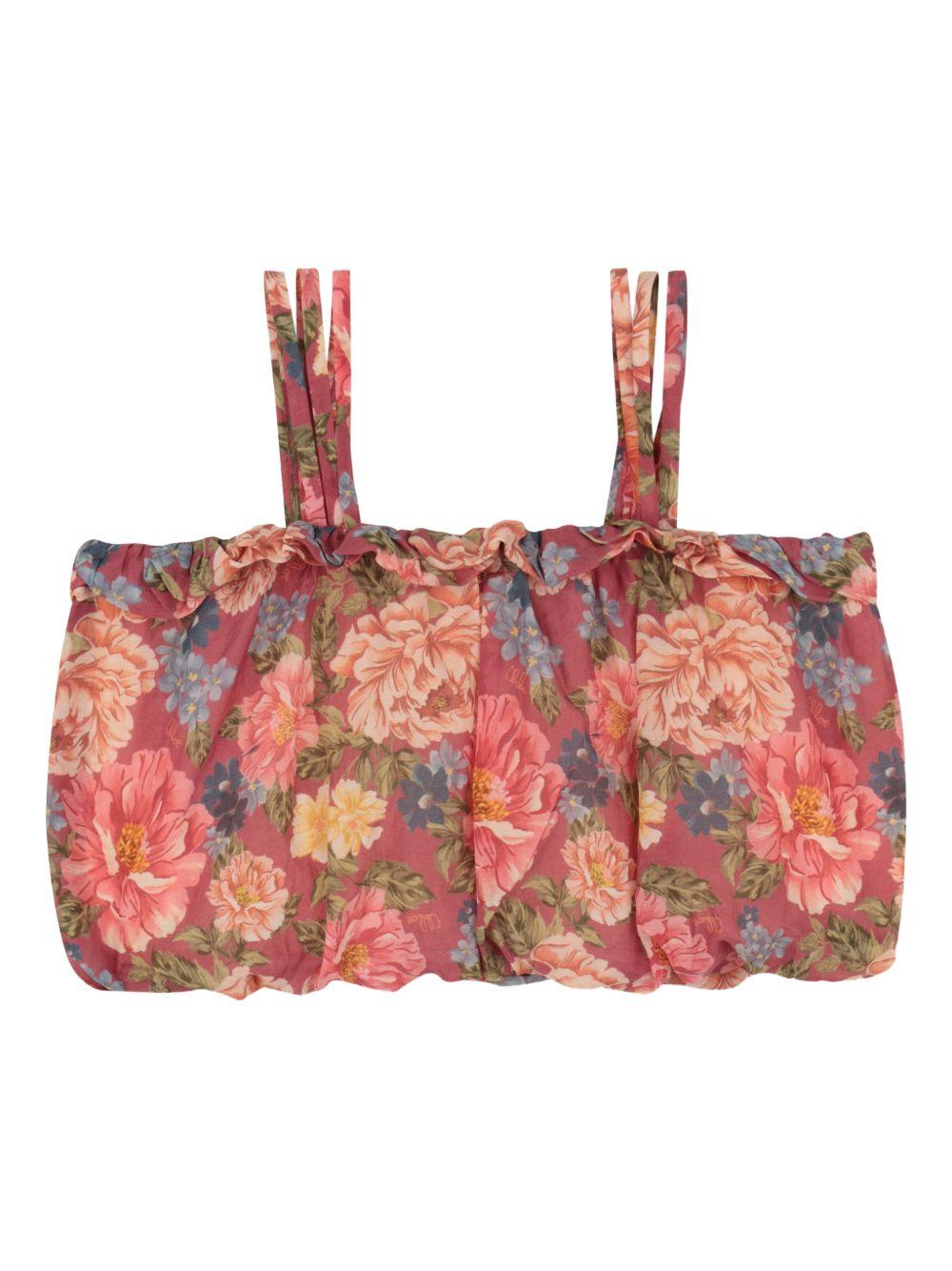 Top per bambina Chloé Kids rosso a fiori con ruches - Rubino Kids