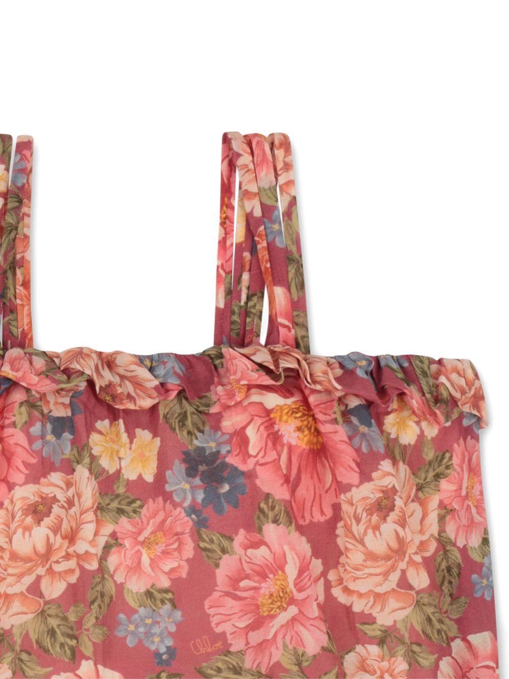 Top per bambina Chloé Kids rosso a fiori con ruches - Rubino Kids