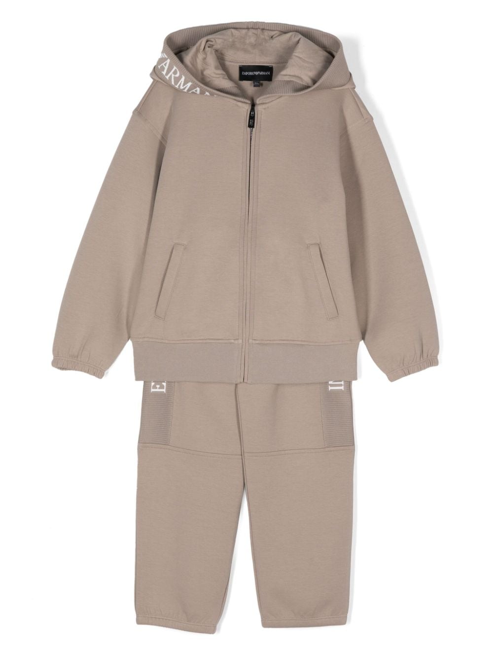 Tuta sportiva per bambino Emporio Armani Kids beige con applicazione logo sul cappuccio - Rubino Kids