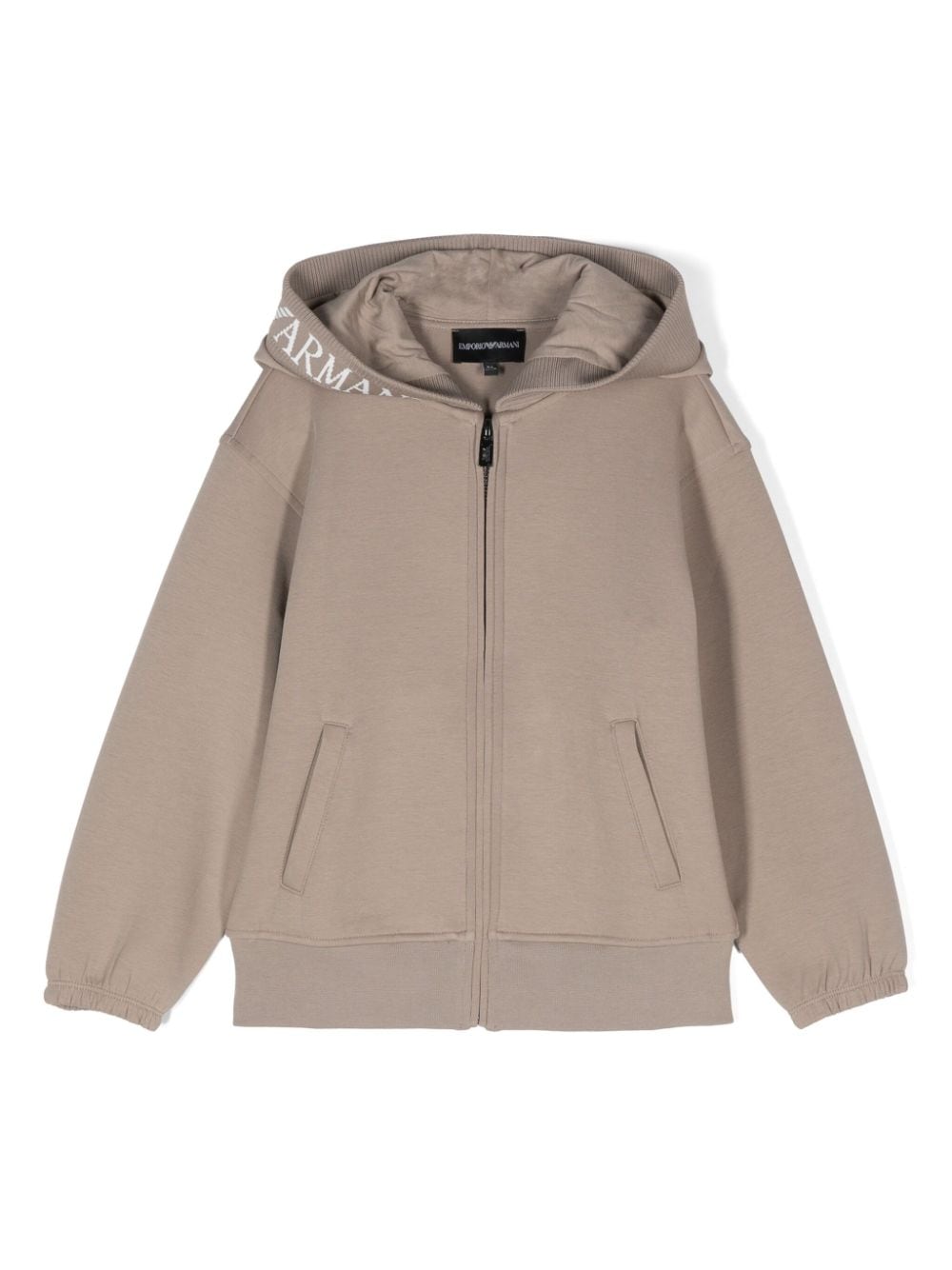 Tuta sportiva per bambino Emporio Armani Kids beige con applicazione logo sul cappuccio - Rubino Kids