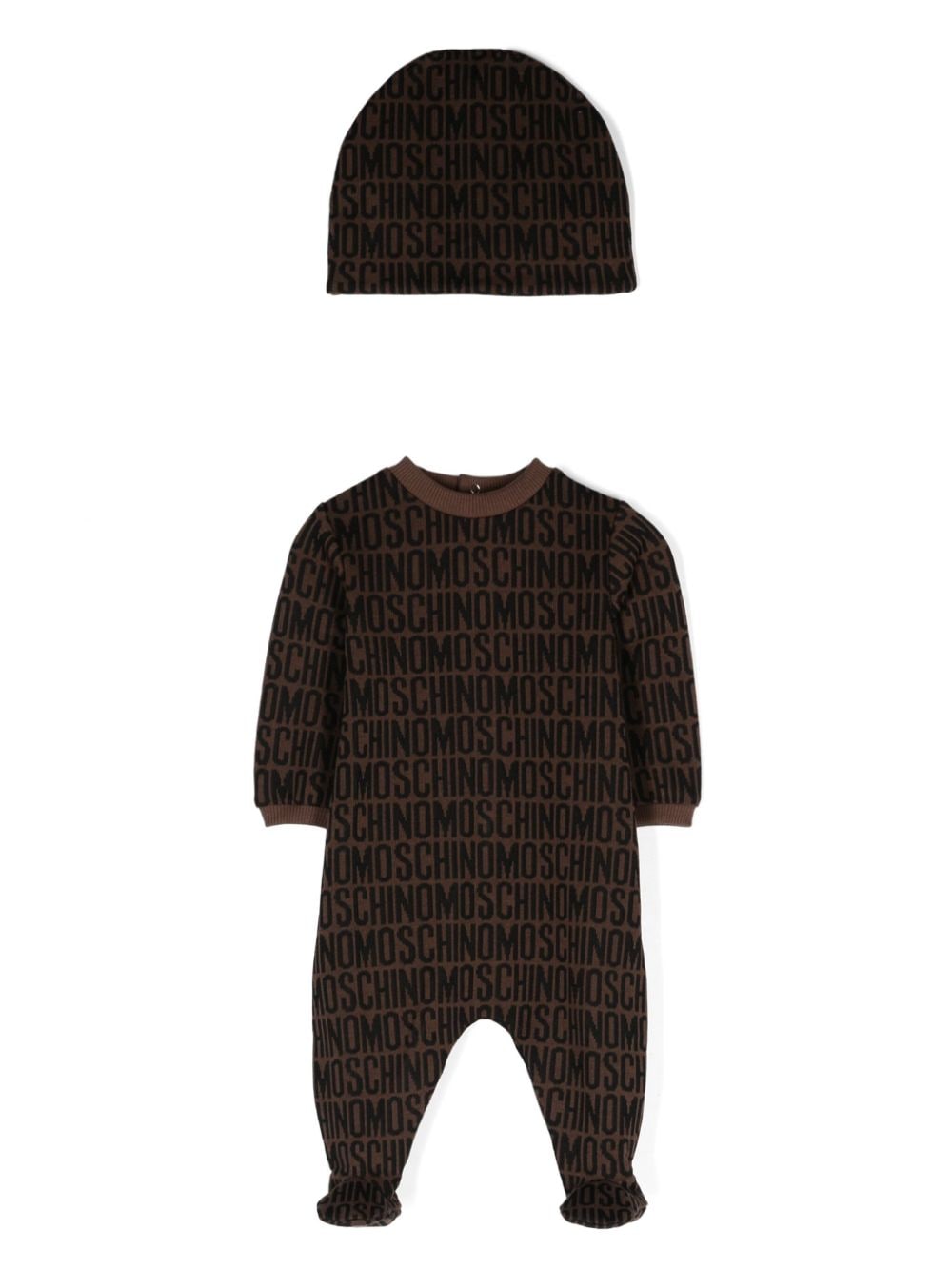 Tutina con cappellino per neonati Moschino Kids marrone con logo jacquard - Rubino Kids