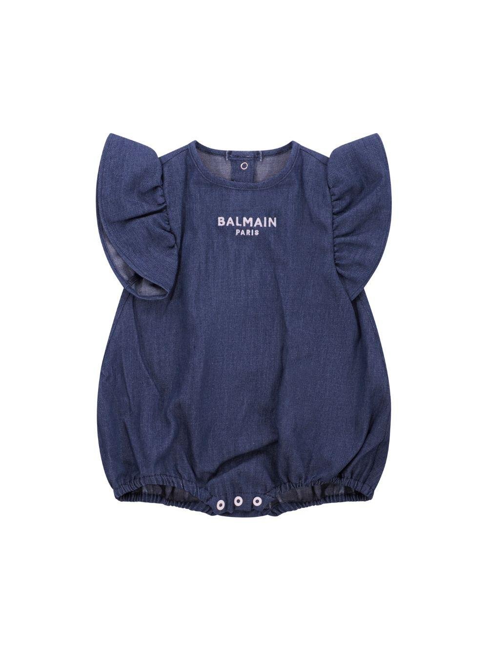 Tutina per neonata Balmain Kids denim con maniche a ruches - Rubino Kids