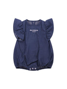 Tutina per neonata Balmain Kids denim con maniche a ruches - Rubino Kids